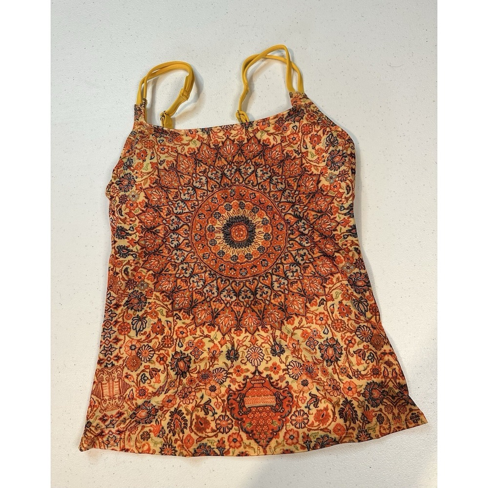 Womens Tankini Swimsuit 2 Piece Small Orange Yellow Boho Floral Mandala Full Set - Picture 6 of 16